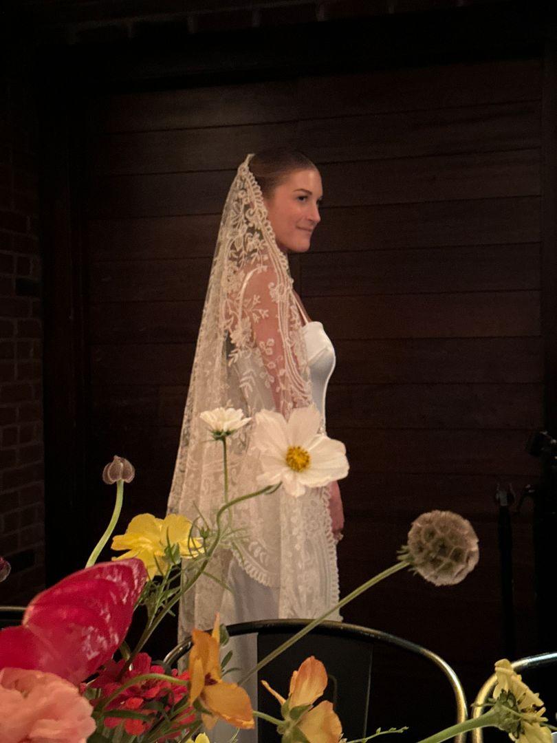 Profile shot of the bride wearing her veil.