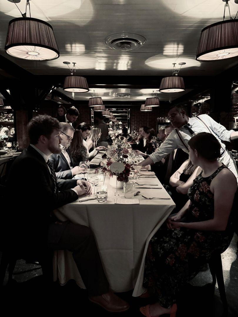 The reception dinner table, in black and white.