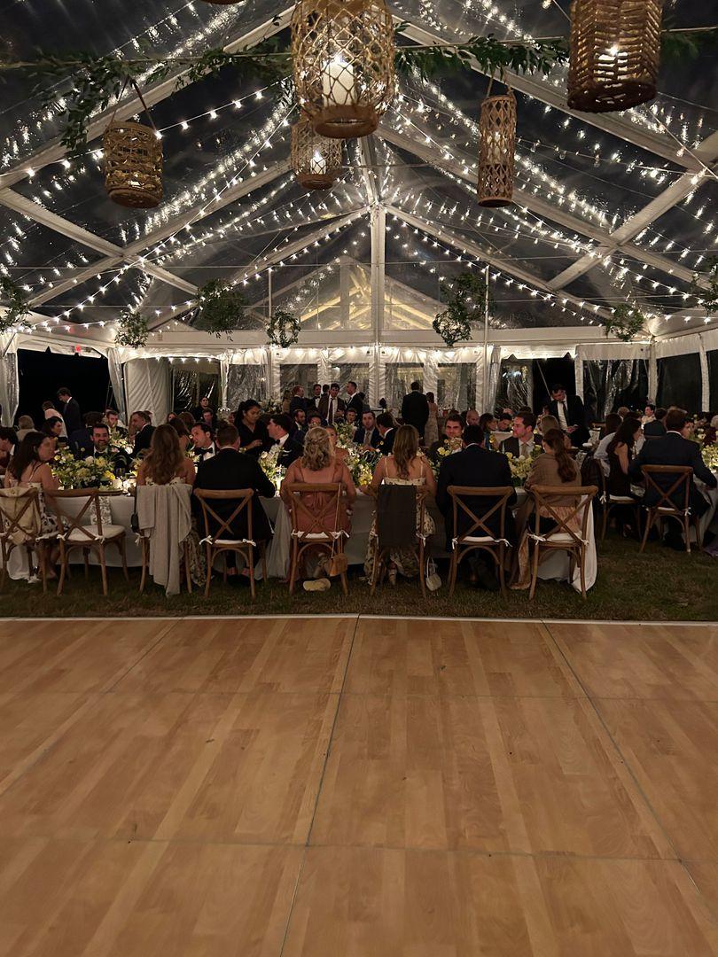 The wedding reception area with the dance floor in view.